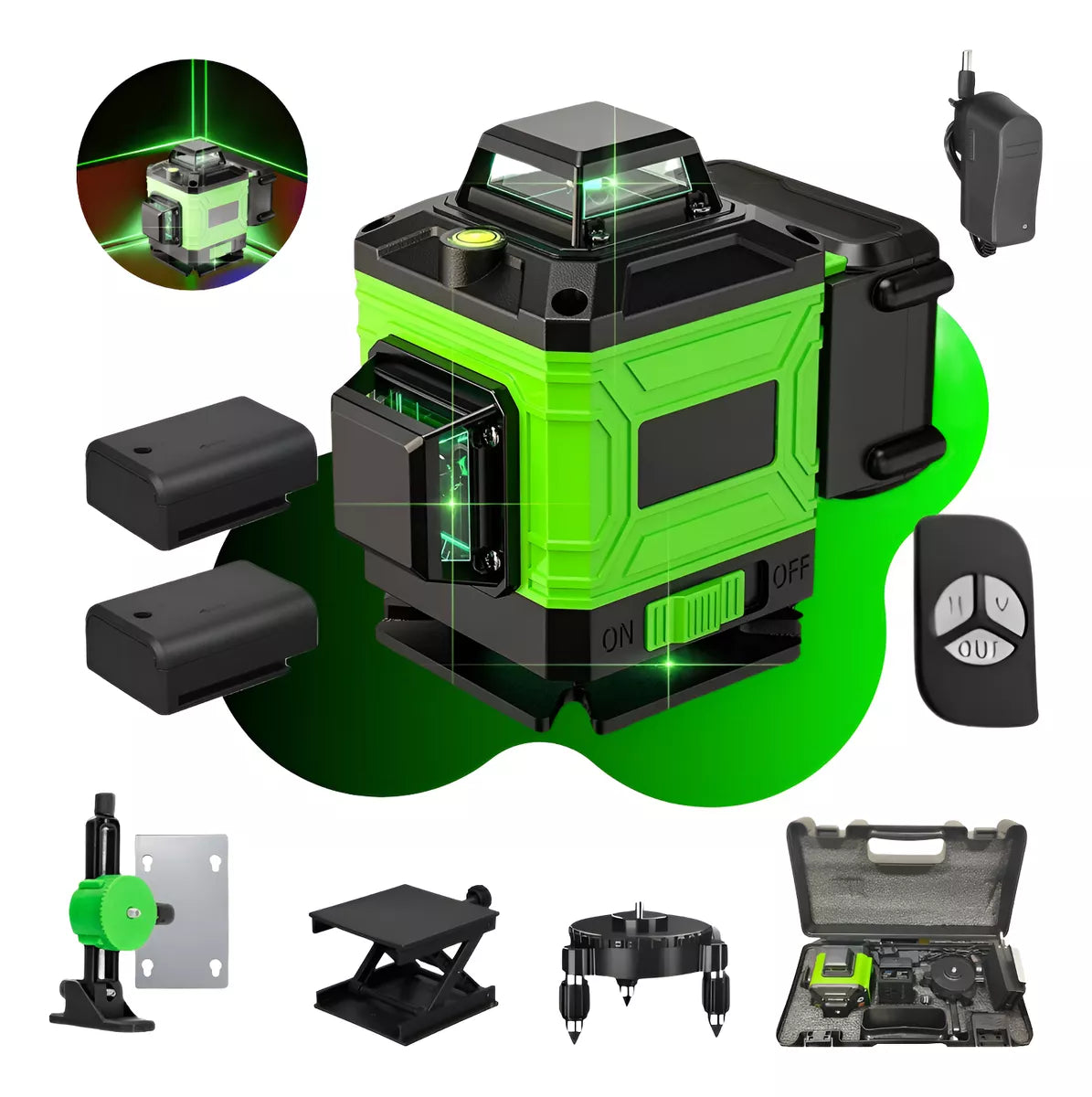 Kit Nível Laser Verde 12 Linhas 40m com Tripé + Esquadro + Suporte - Recarregável