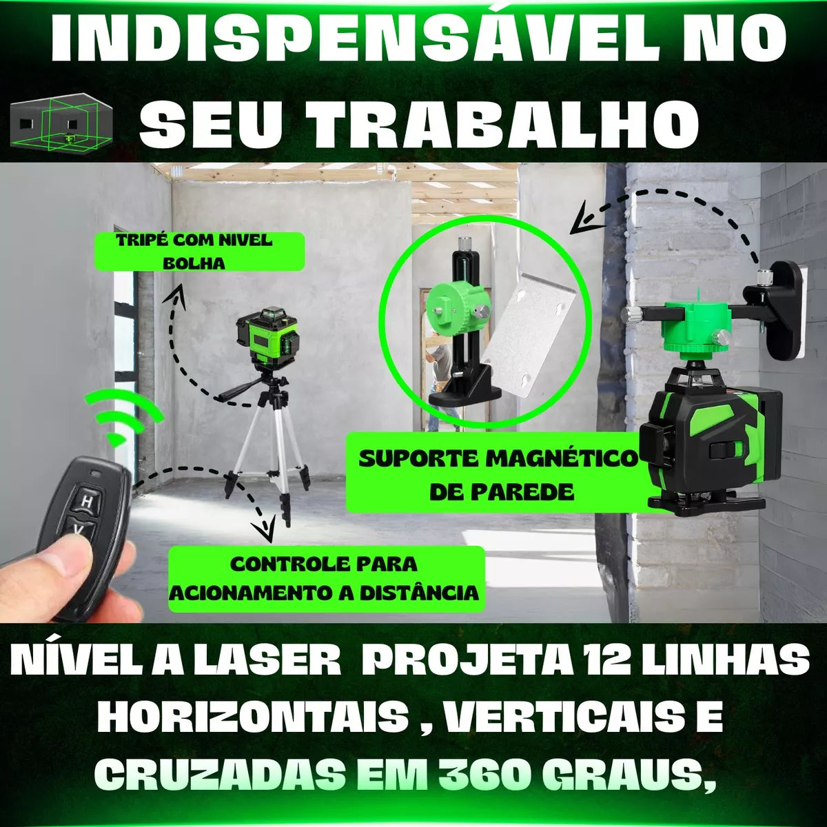 Kit Nível Laser Verde 12 Linhas 40m com Tripé + Esquadro + Suporte - Recarregável