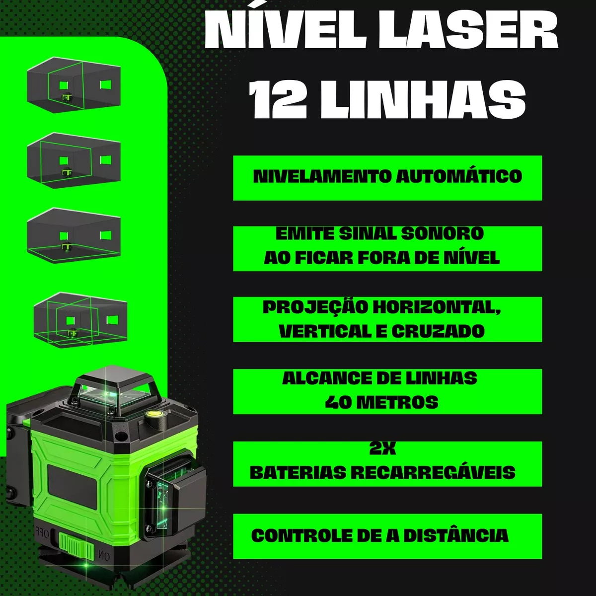 Kit Nível Laser Verde 12 Linhas 40m com Tripé + Esquadro + Suporte - Recarregável