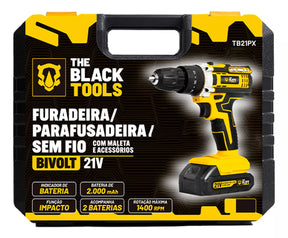 Parafusadeira Furadeira De Impacto Profissional 21v Modelo TB-21PX 2 Baterias Com Maleta The Black Tools 127/220V 60Hz Amarelo