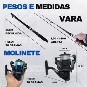Kit Pesca Completo 2 Varas Fibra de Vidro e 2 Molinetes Leve com Linha Estojo e Maleta com Acessórios